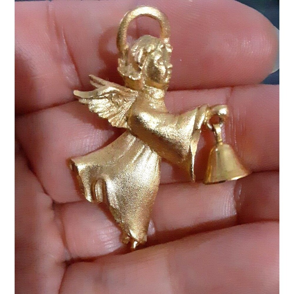 Vintage RR USA Robyn Rush Gold Tone Christmas Angel With Bell Holiday Brooch Pin